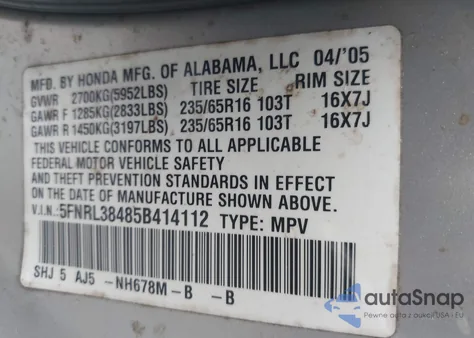 2005 Honda Odyssey Ex from USA, damaged, VIN 5FNRL38485B414112